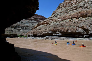 Hard shell kayaks on calm river